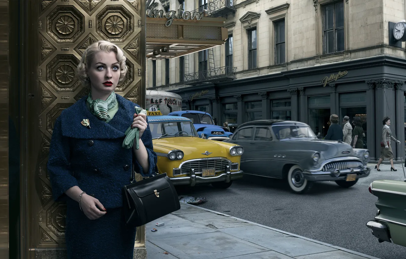 Photo wallpaper auto, girl, the city, retro, Pontiac, New-York, Buick, Stories