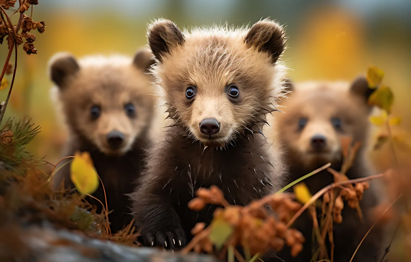 Photo wallpaper autumn, look, leaves, branches, nature, baby, bear, bear