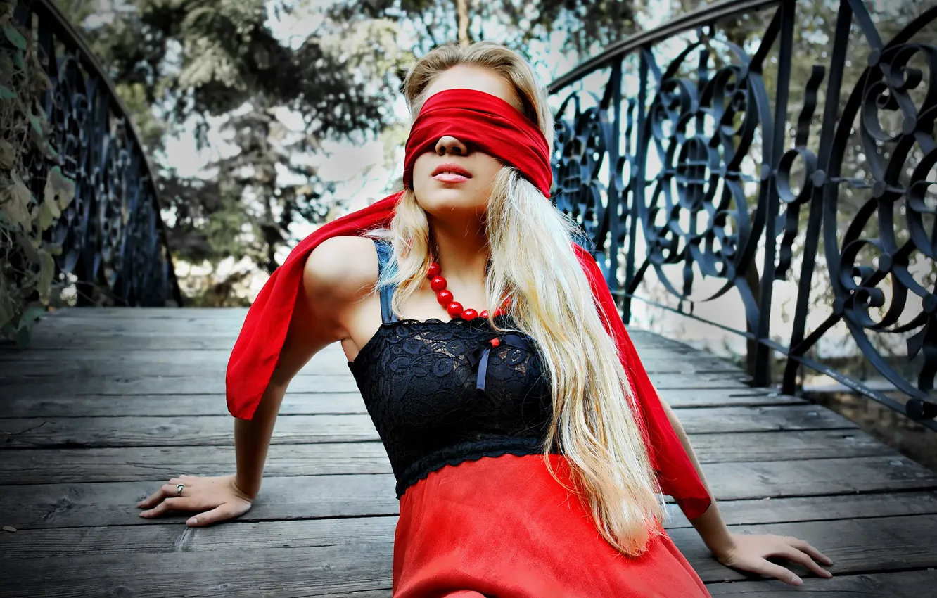 Photo wallpaper red, bridge, blonde, headband, sundress