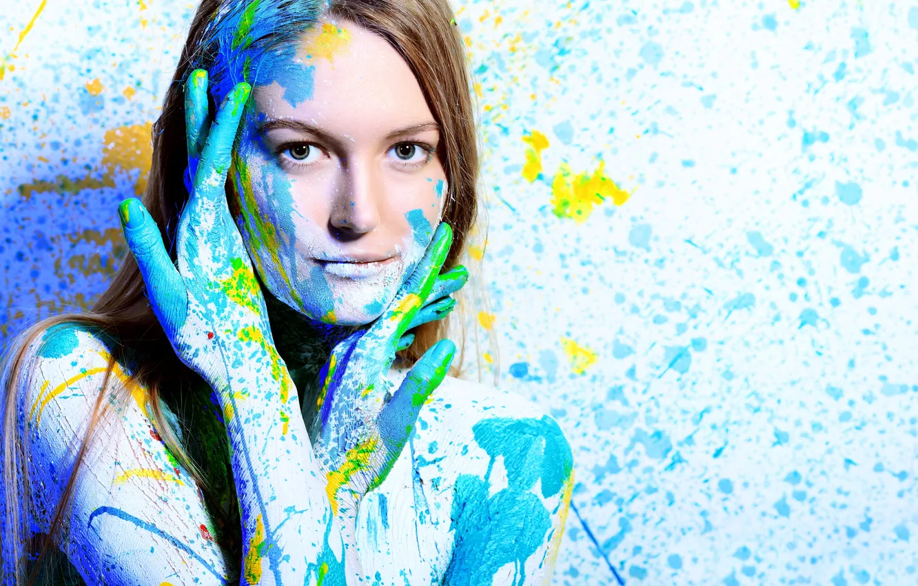 Photo wallpaper look, girl, background, paint, hair, bright, green eyes