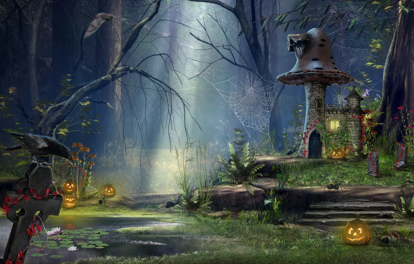 Photo wallpaper forest, night, house