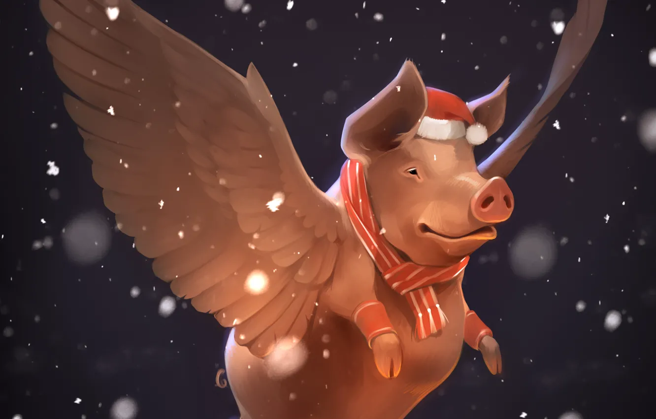 Photo wallpaper snow, new year, wings, pig, by GaudiBuendia
