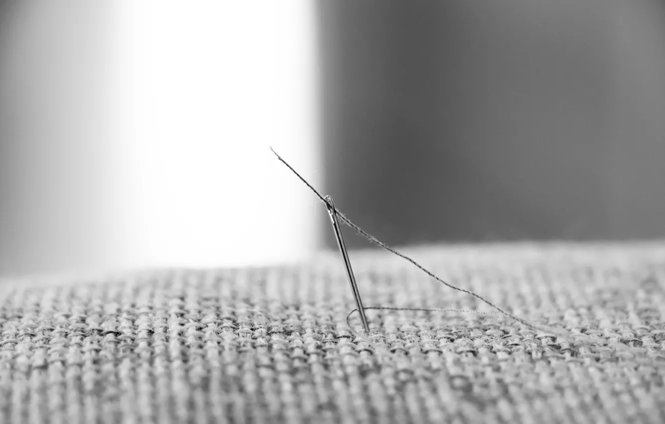 Photo wallpaper fabric, black and white, thread, needle