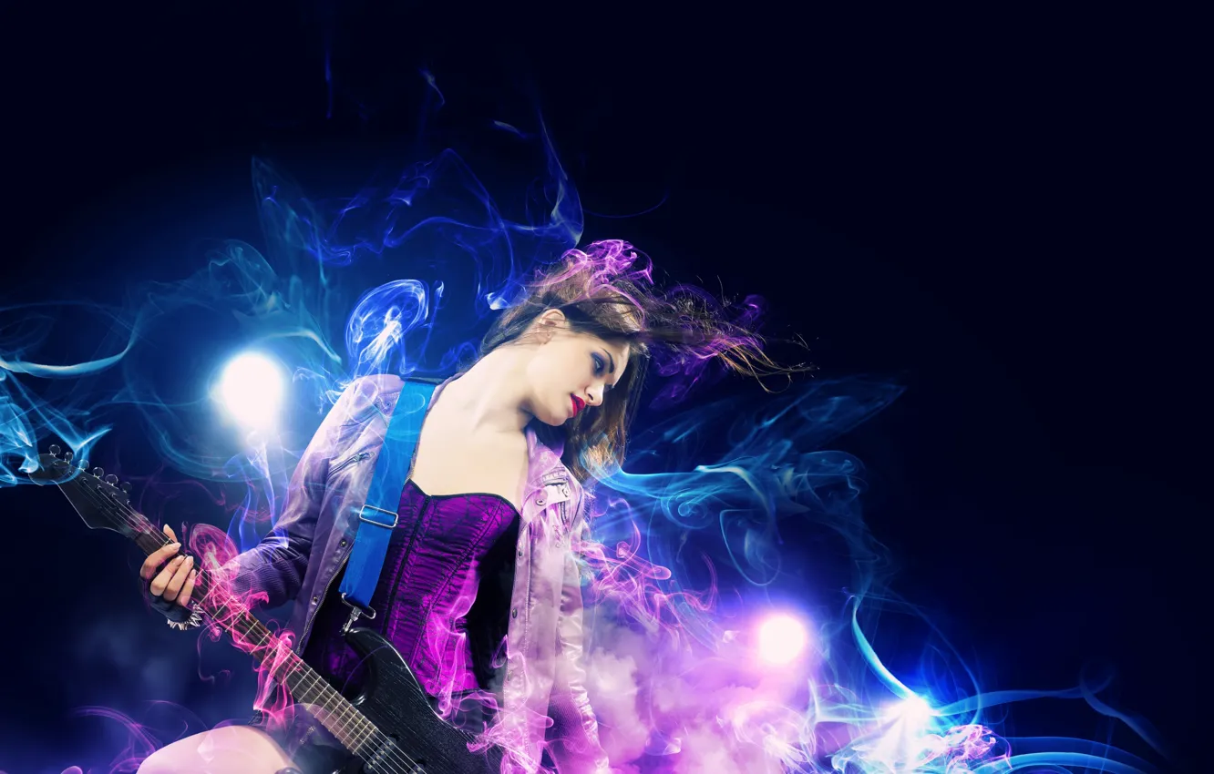 Photo wallpaper girl, music, smoke, guitar, rock