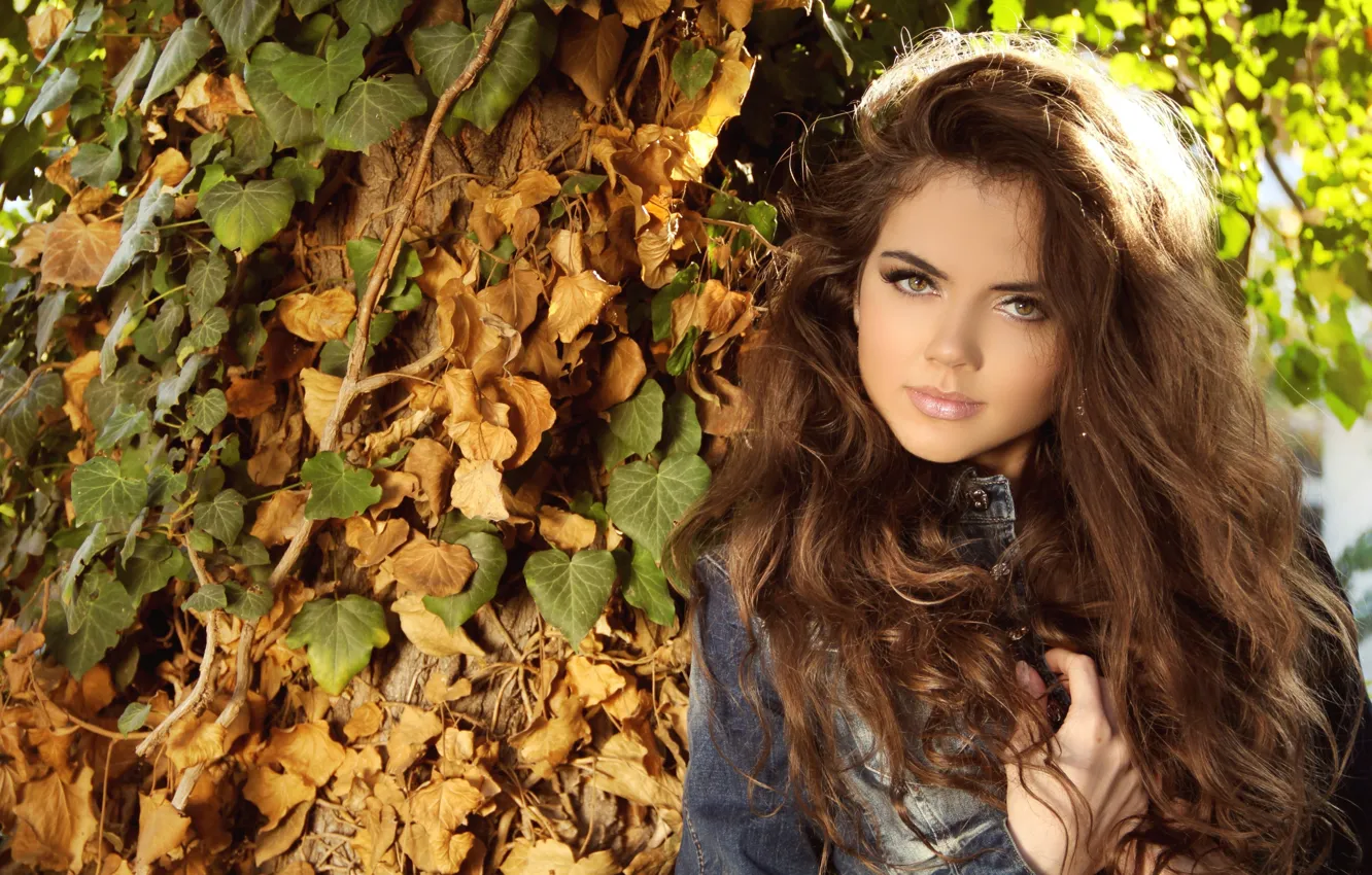 Photo wallpaper autumn, girl, foliage, model, beauty