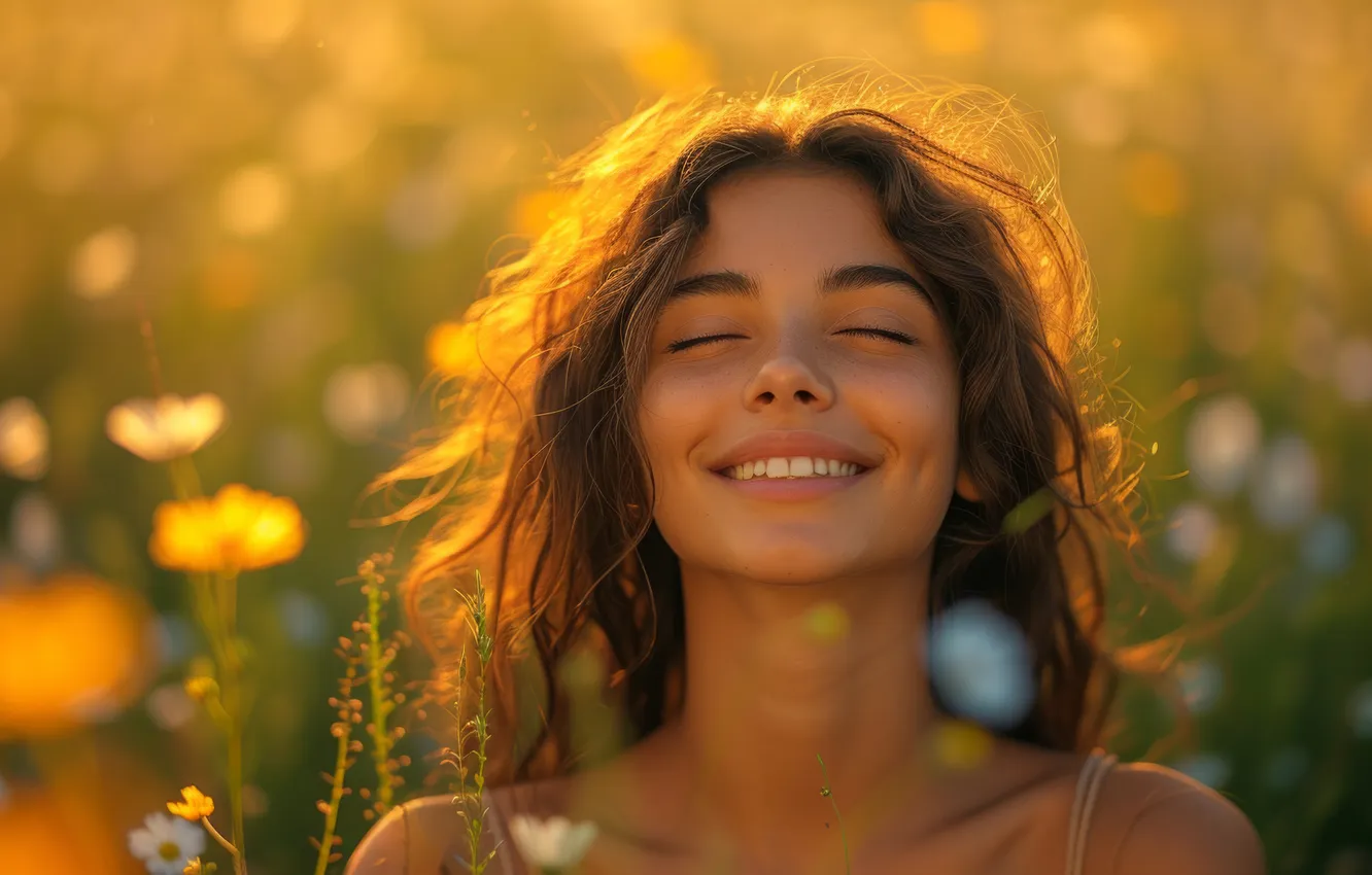 Photo wallpaper field, girl, flowers, smile, dawn, digital art, AI art, The Art of Artificial Intelligence
