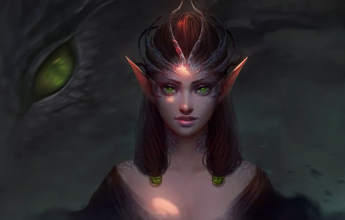 Photo wallpaper dark, girl, fantasy, green eyes, dragon, elf, digital art, artwork