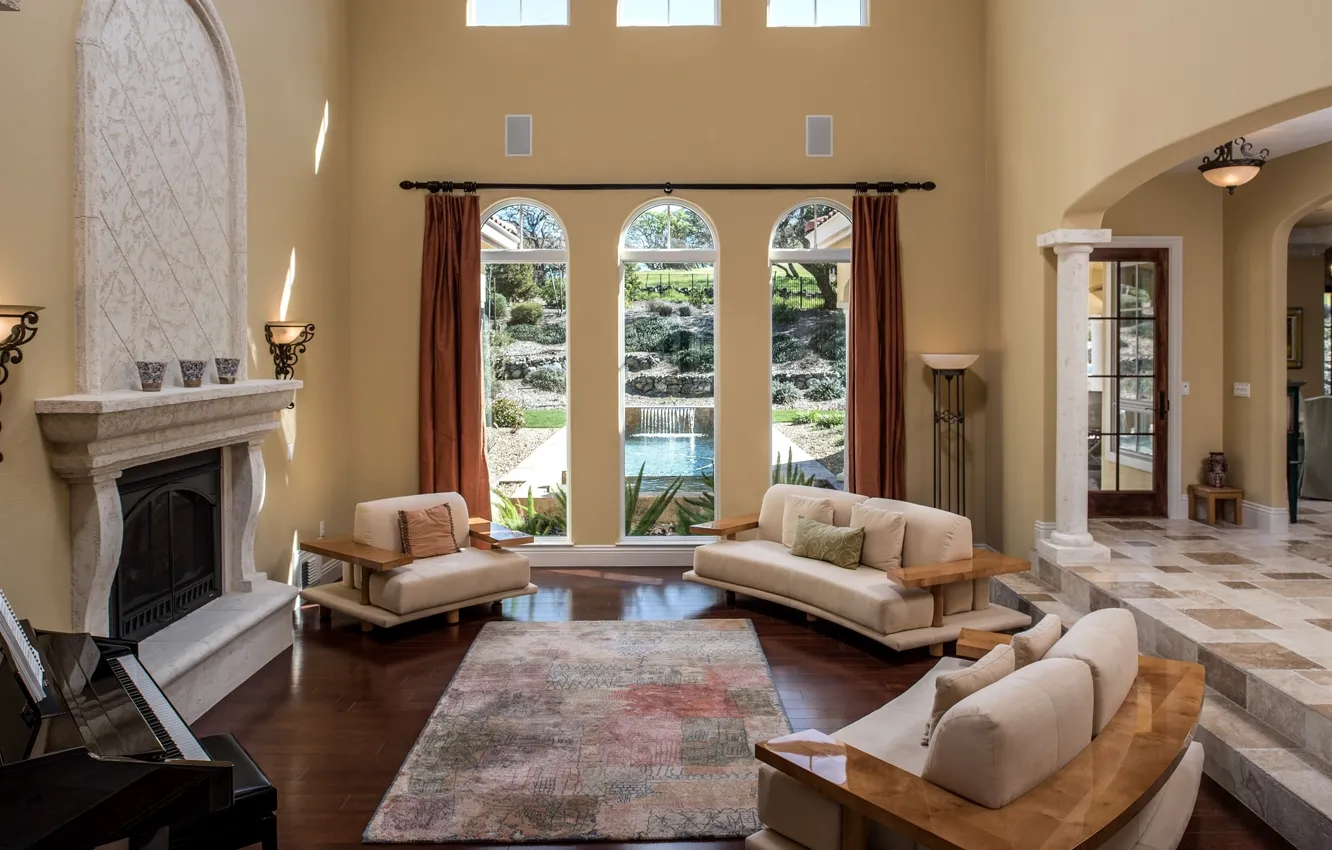 Photo wallpaper design, sofa, window, fireplace, living room