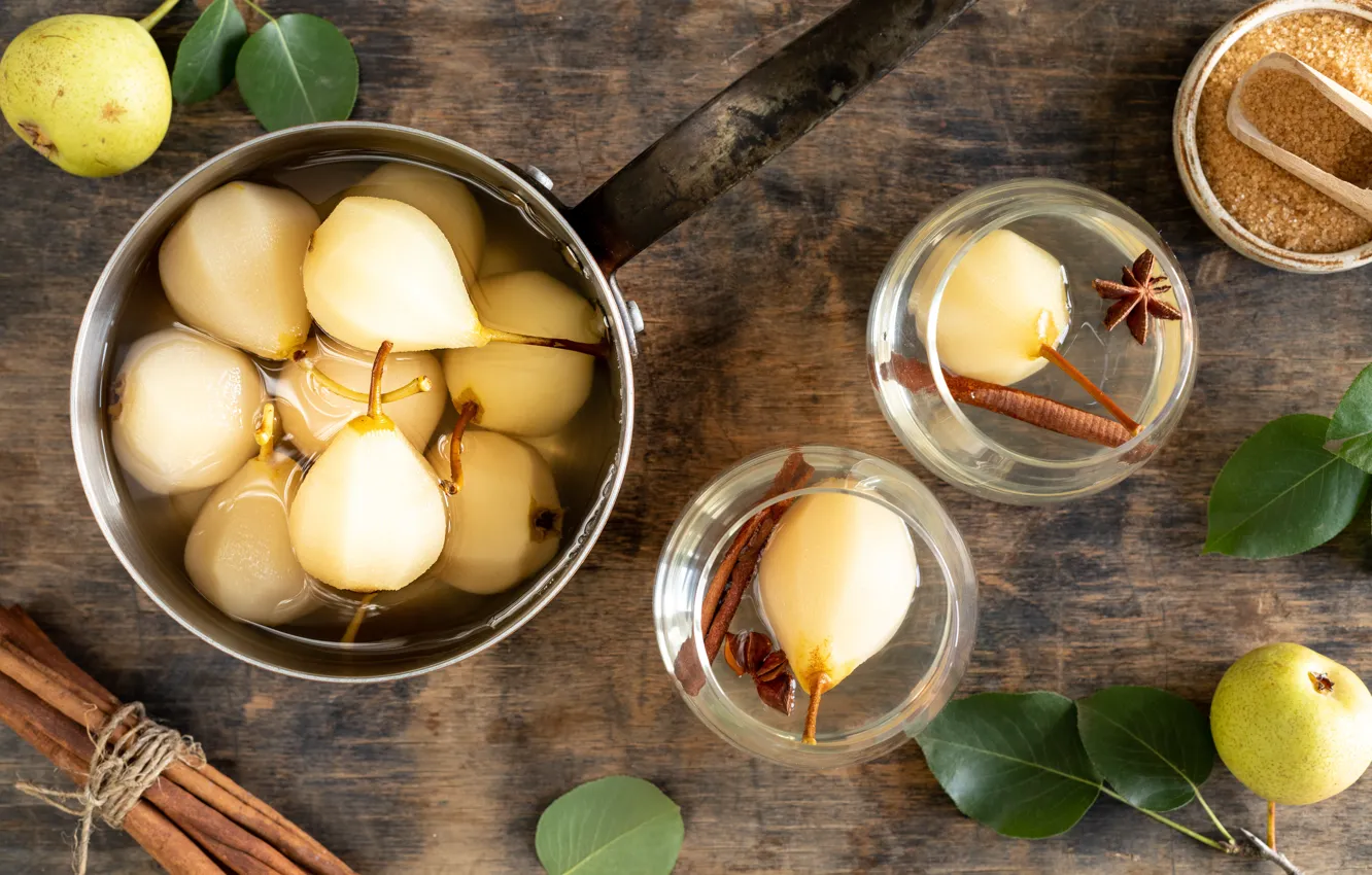 Photo wallpaper leaves, glass, table, Board, glass, dishes, sugar, pan