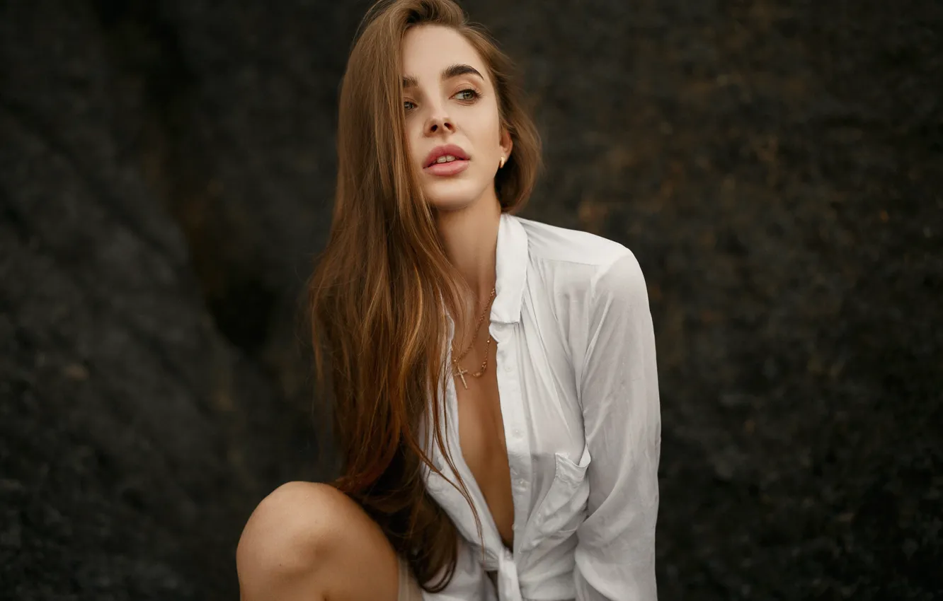 Photo wallpaper look, girl, decoration, chain, blouse, brown hair, knees, Ivan Kovalev