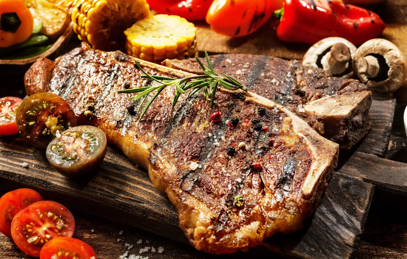 Photo wallpaper mushrooms, meat, pepper, vegetables, tomatoes, spices, mushrooms, tomatoes