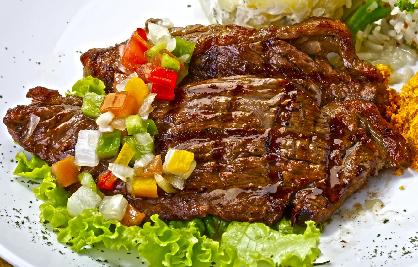 Photo wallpaper leaves, meat, pepper, vegetables, salad, meat, vegetables