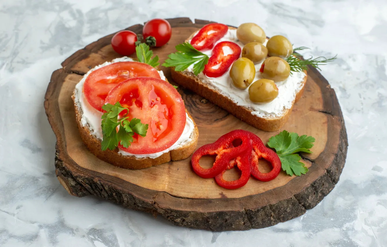 Photo wallpaper greens, cheese, dill, pepper, light background, vegetables, tomatoes, olives