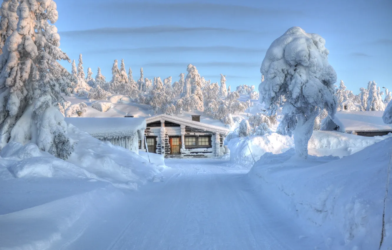 Photo wallpaper winter, road, the sky, nature, house, Finland