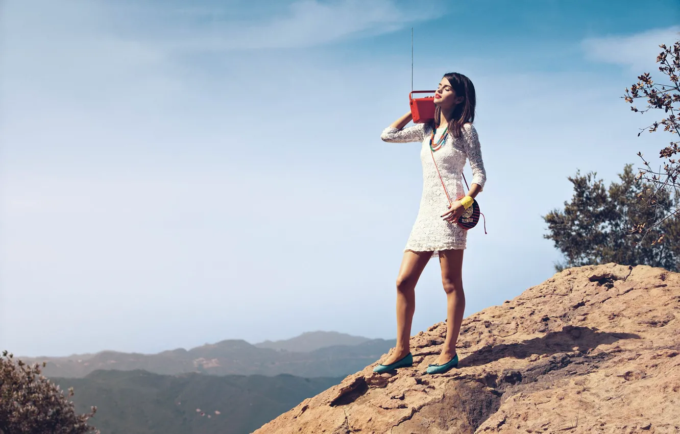 Photo wallpaper the sky, the sun, landscape, mountains, nature, pose, makeup, dress