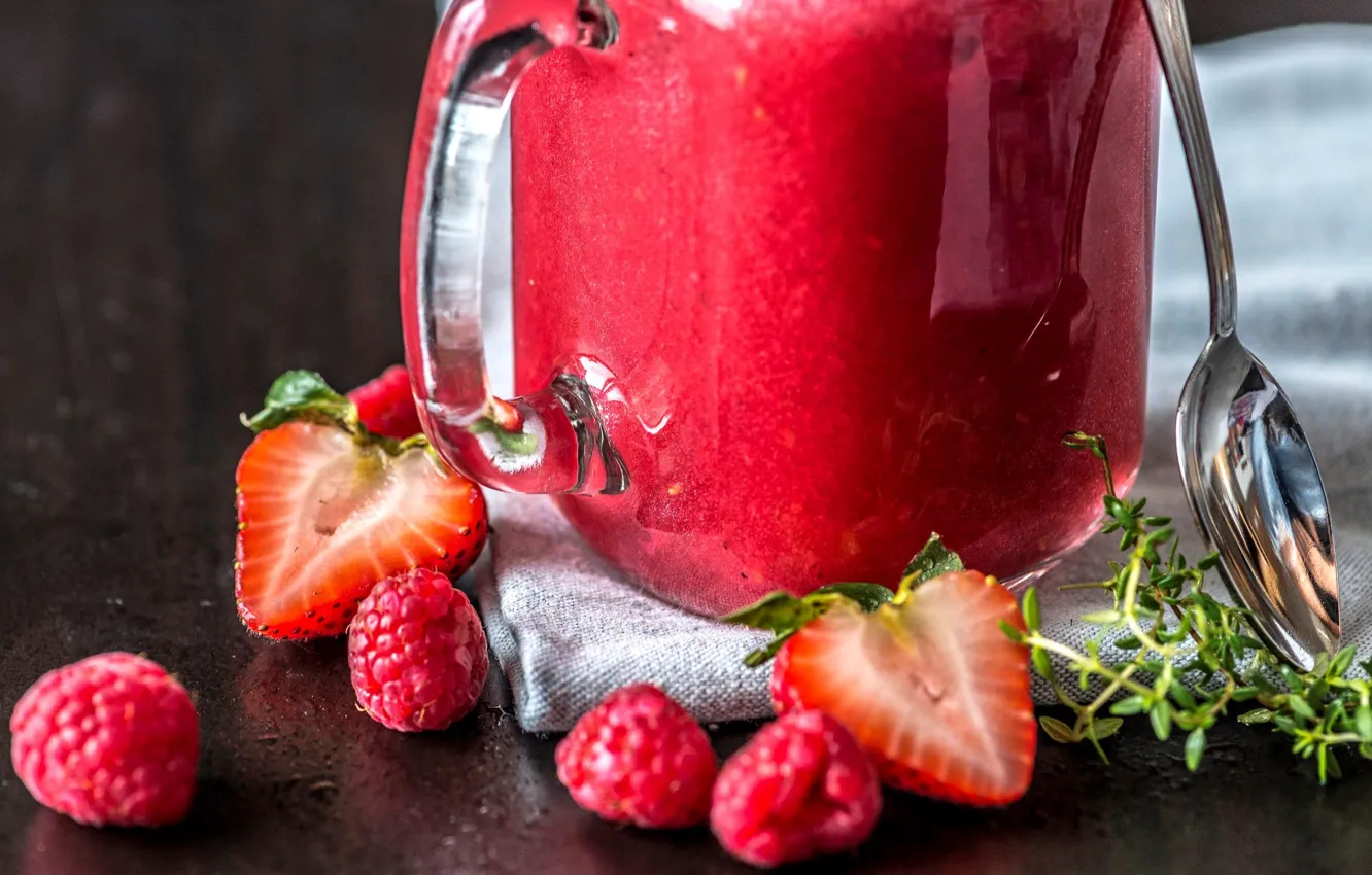 Photo wallpaper raspberry, strawberry, spoon, smoothies