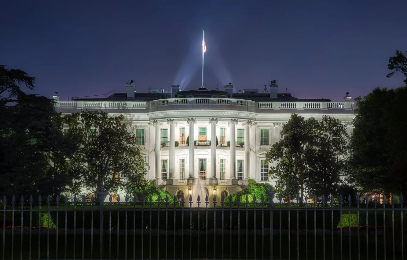 Photo wallpaper the evening, fence, fountain, Washington, USA, mansion, The white house, White House
