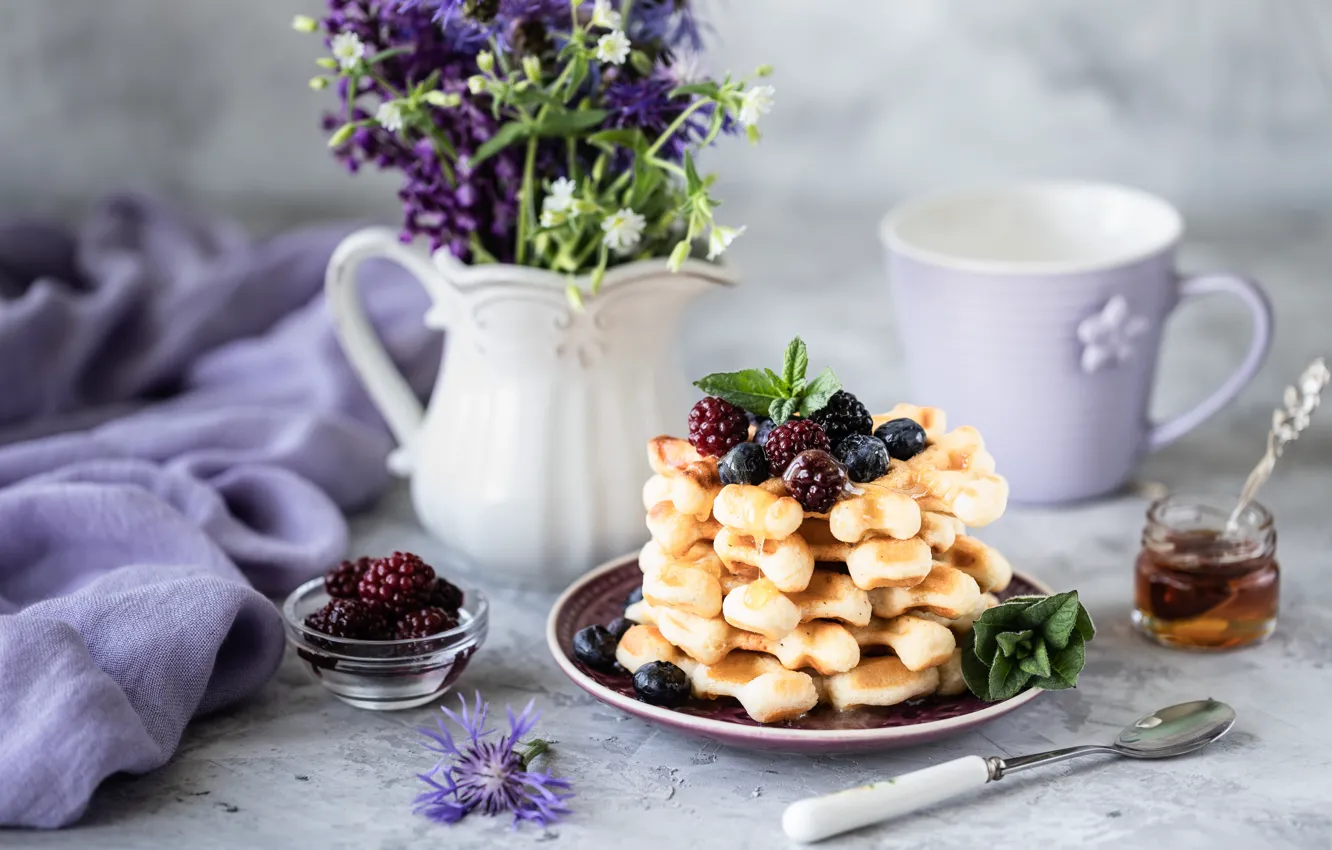 Photo wallpaper flowers, berries, bouquet, honey, plate, vase, waffles, Karina Klachuk