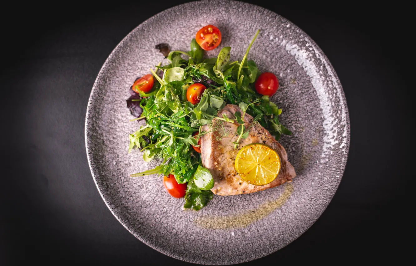 Photo wallpaper lemon, food, salad, tuna, steak, tomatoes-cherry