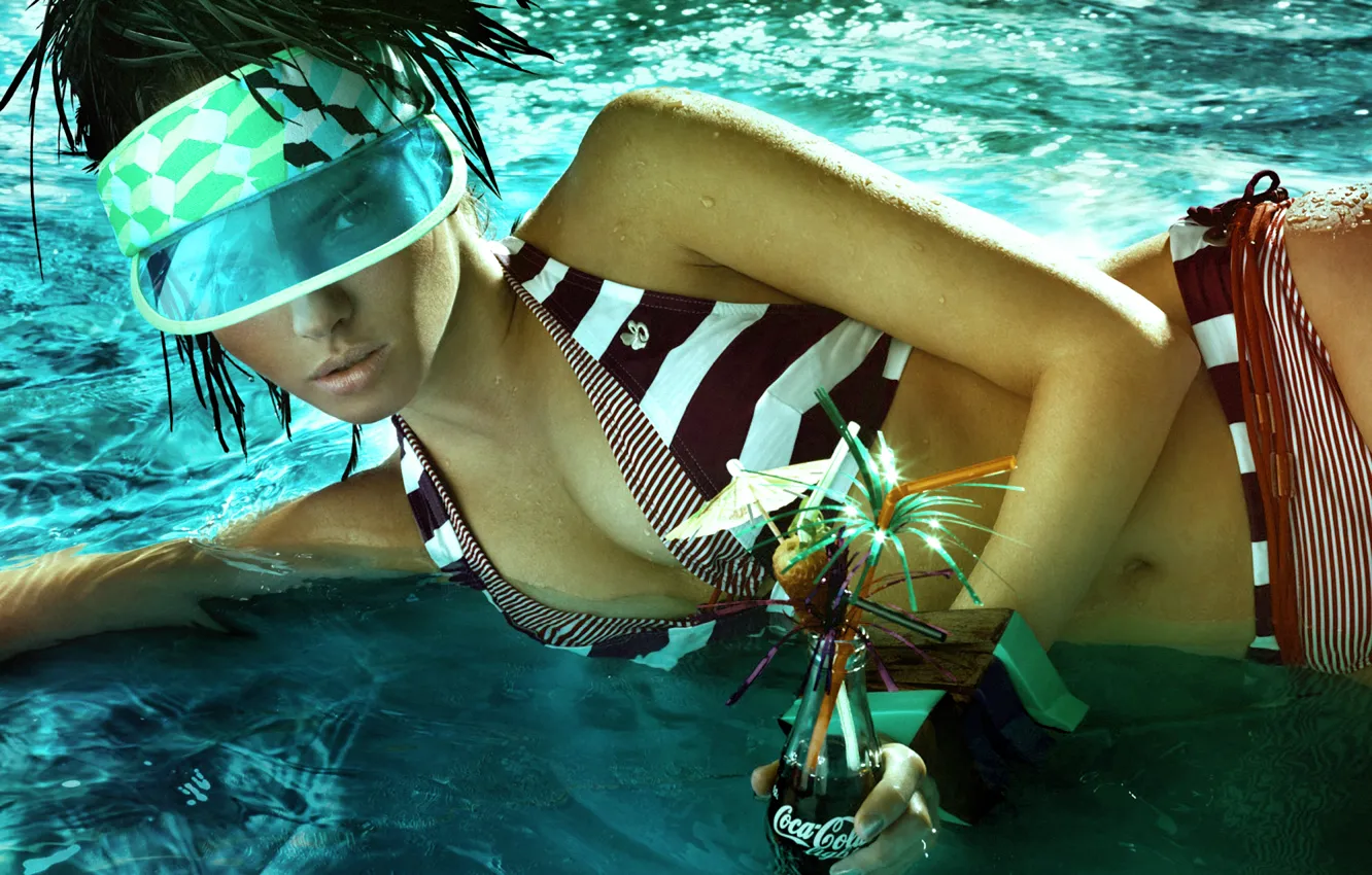 Photo wallpaper swimsuit, water, girl, figure, lies, drink