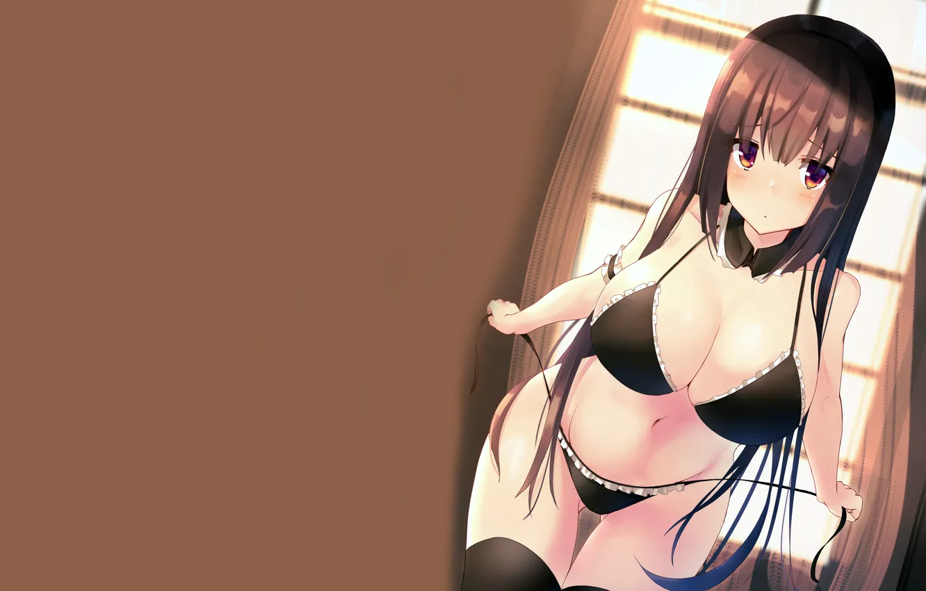 Photo wallpaper girl, sexy, lingerie, bra, cleavage, panties, thighhighs, long hair