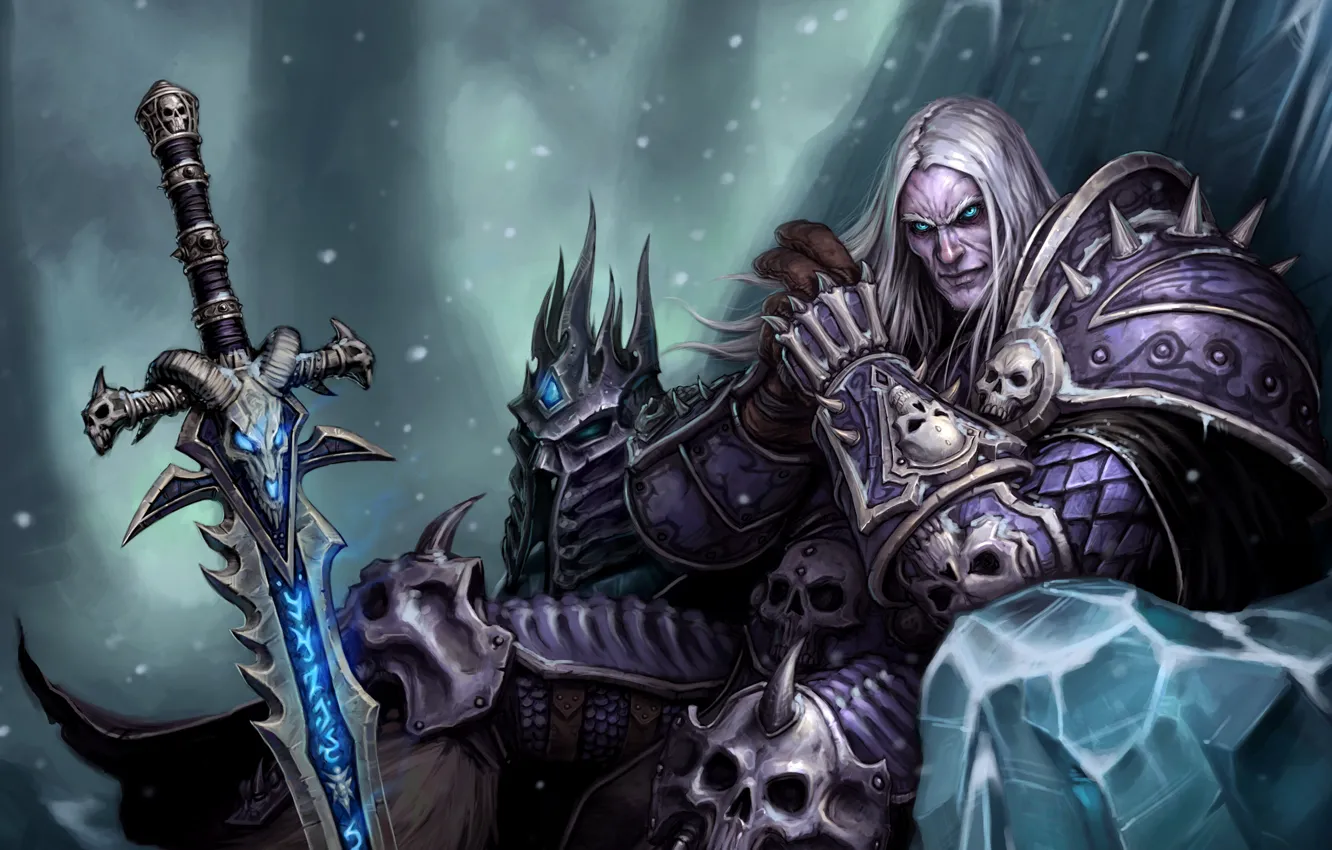 Photo wallpaper World of Warcraft, armor, wow, evil, arthas, pearls, powerful, Sword Frostmourne