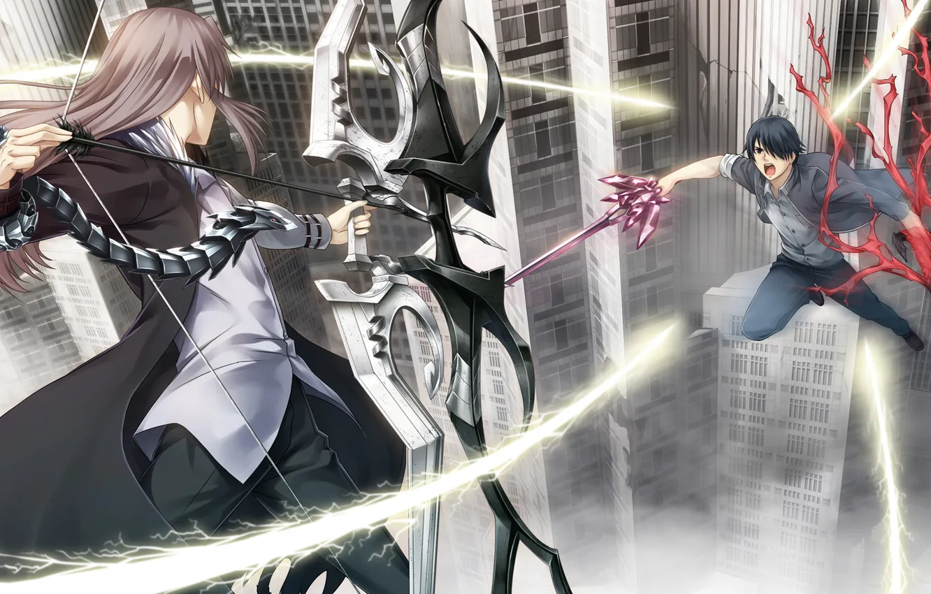 Photo wallpaper the city, weapons, sword, bow, art, battle, guy, in the sky