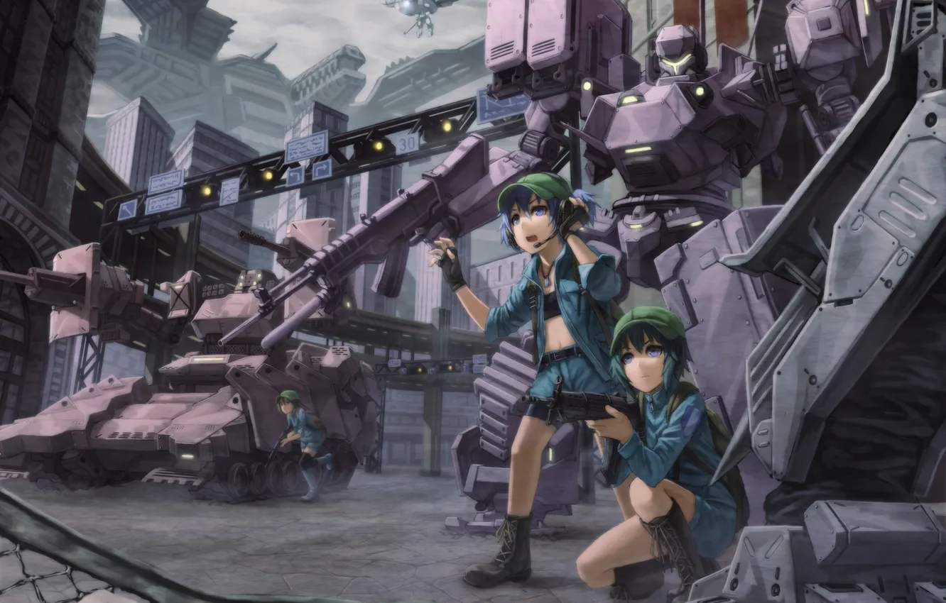 Photo wallpaper the city, weapons, girls, robot, art, helicopter, tank, fur
