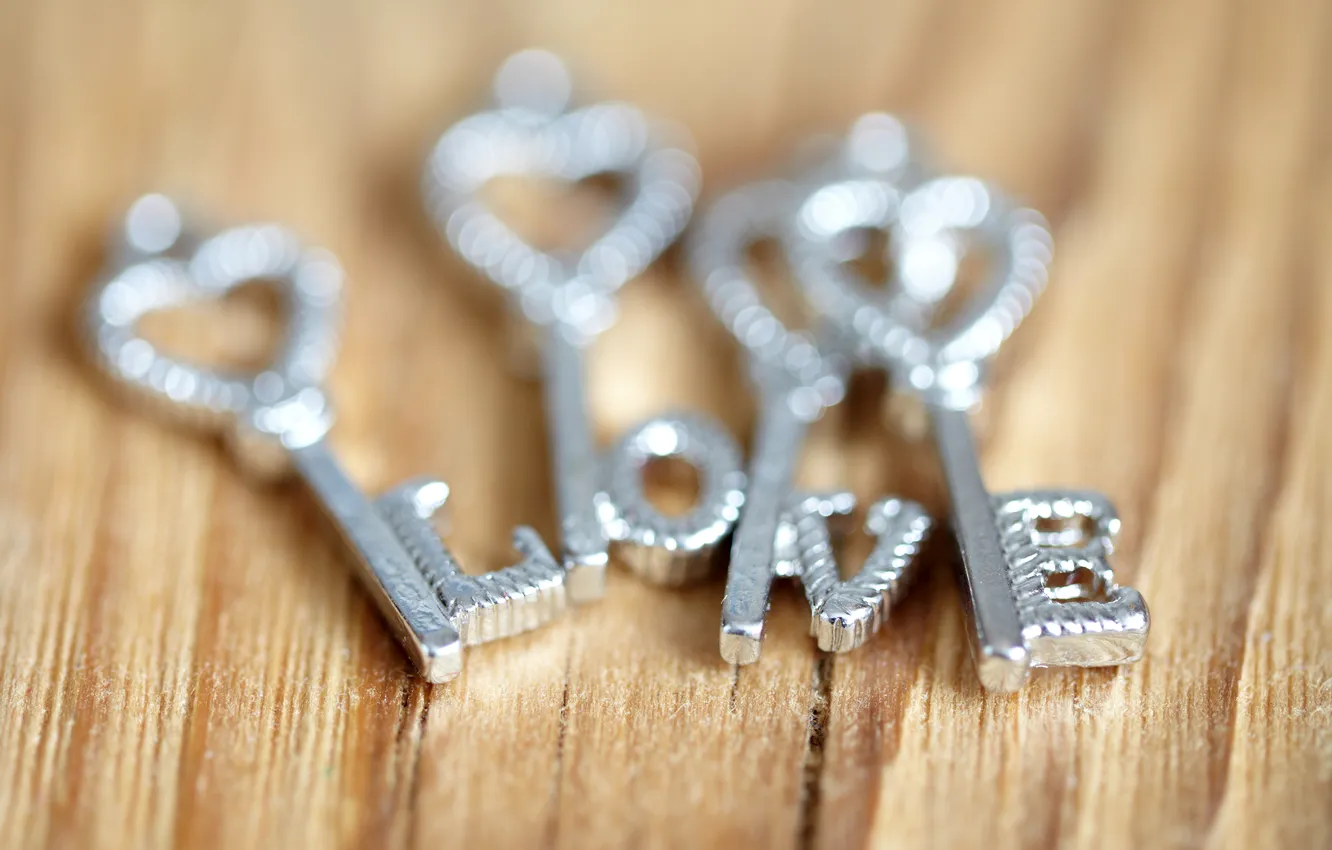 Photo wallpaper letters, blur, key, hearts, love, metal
