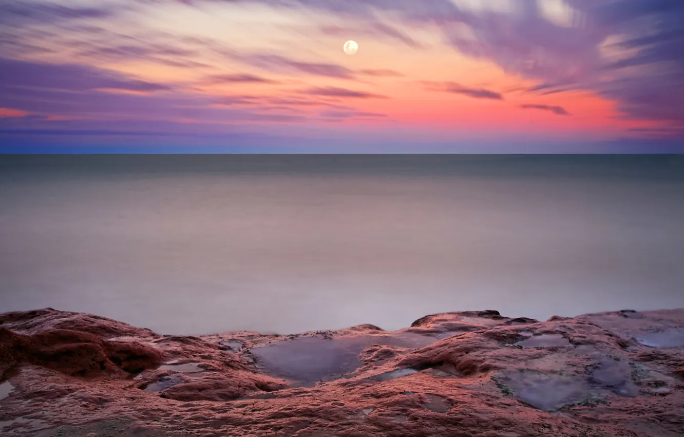 Photo wallpaper sea, the sky, night, stones, the moon, the evening, horizon, Argentina