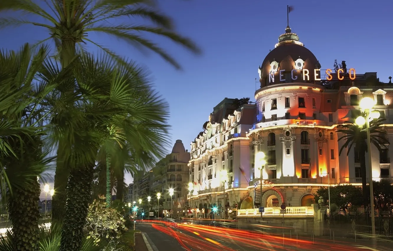 Photo wallpaper lights, palm trees, street, the evening, Nice, Hotel Negresco