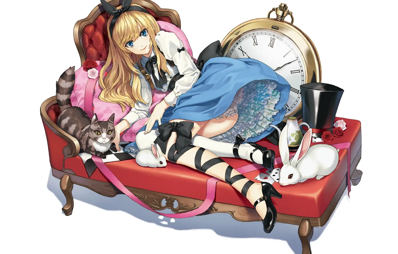 Photo wallpaper Alice in Wonderland, Alice, lying on the sofa, cylinder hat, tabby cat, white rabbit, pocket …
