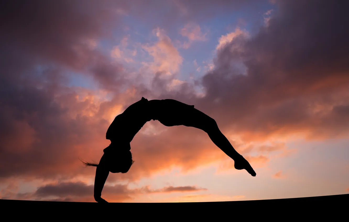 Photo wallpaper the sky, girl, clouds, sunset, background, jump, figure, silhouette