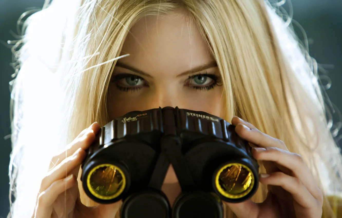 Photo wallpaper eyes, look, girl, background, blonde, binoculars, beauty