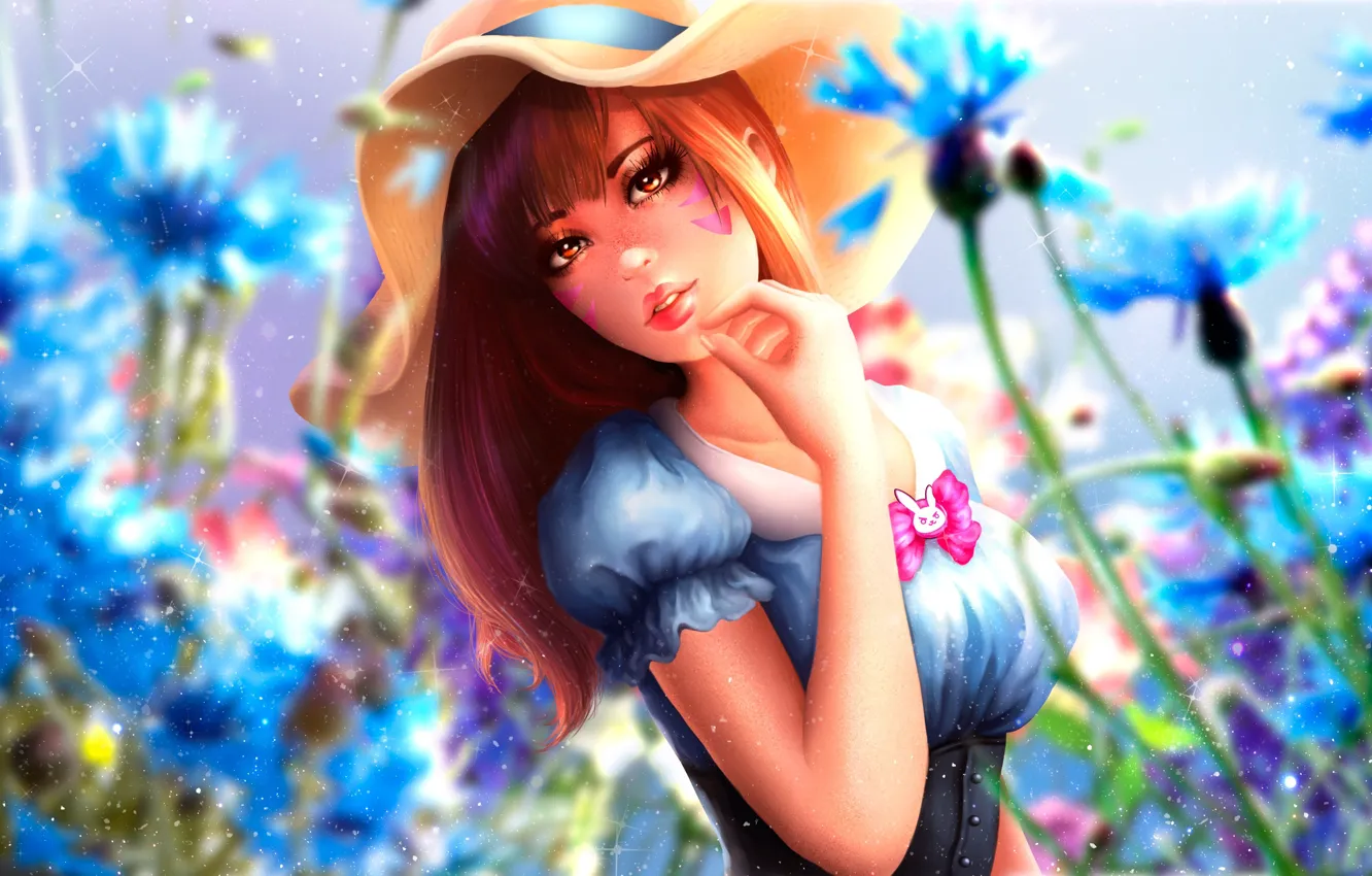 Photo wallpaper look, girl, flowers, hair, hat, game, Overwatch, D.Va