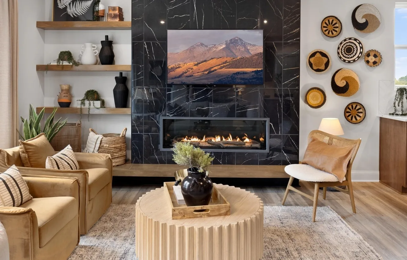 Photo wallpaper design, style, interior, chair, fireplace, living room