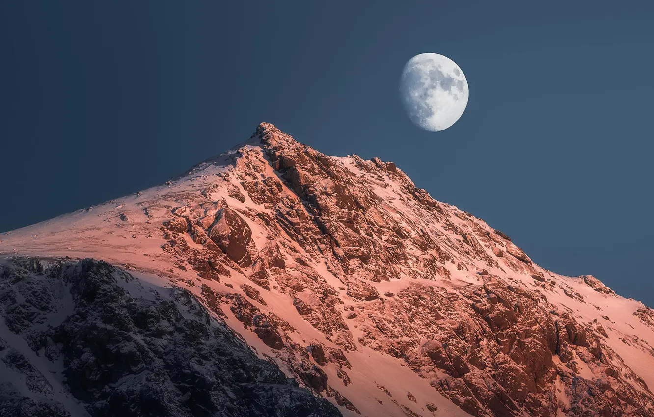 Photo wallpaper winter, the sky, snow, nature, rock, the moon, mountain, Norway