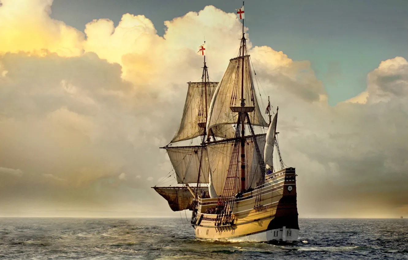 Photo wallpaper sea, England, sailboat, sails, copy, Mayflower II