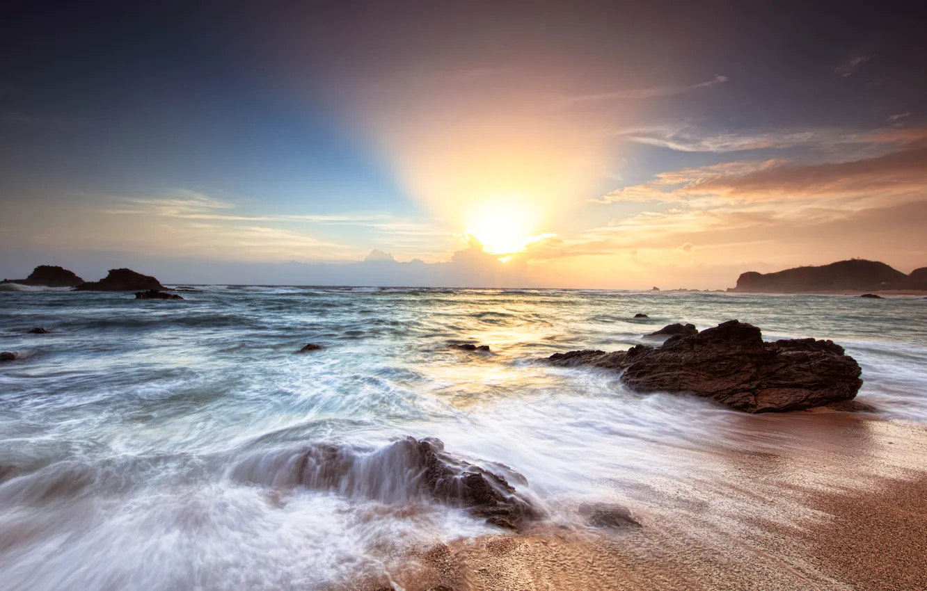 Photo wallpaper sand, sea, wave, beach, the sky, the sun, clouds, light