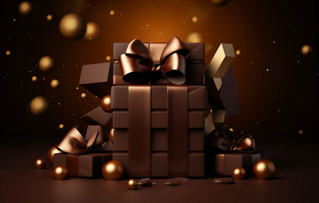 Photo wallpaper balls, the dark background, gift, new year, chocolate, Christmas, gold, gold plated