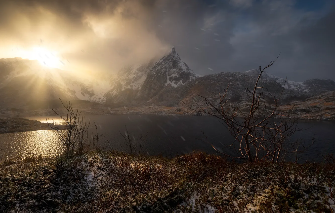 Photo wallpaper the sky, the sun, clouds, snow, sunset, mountains, nature, river