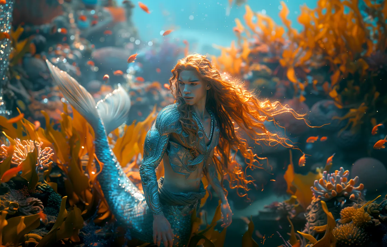 Photo wallpaper hair, fish, corals, tail, male, red, underwater world, digital art