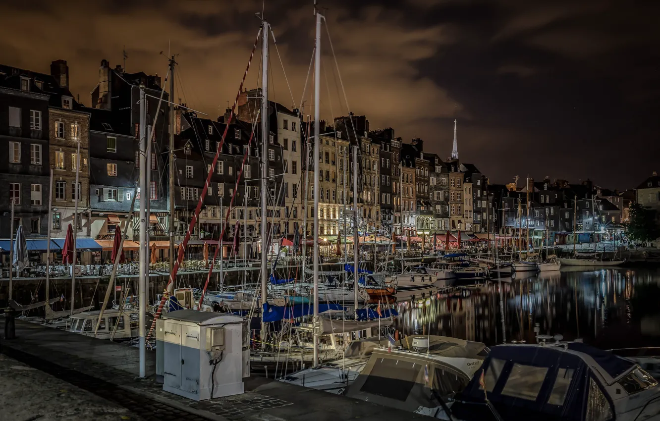 Photo wallpaper night, France, home, yachts, boats, harbour, Normandy, Honfleur