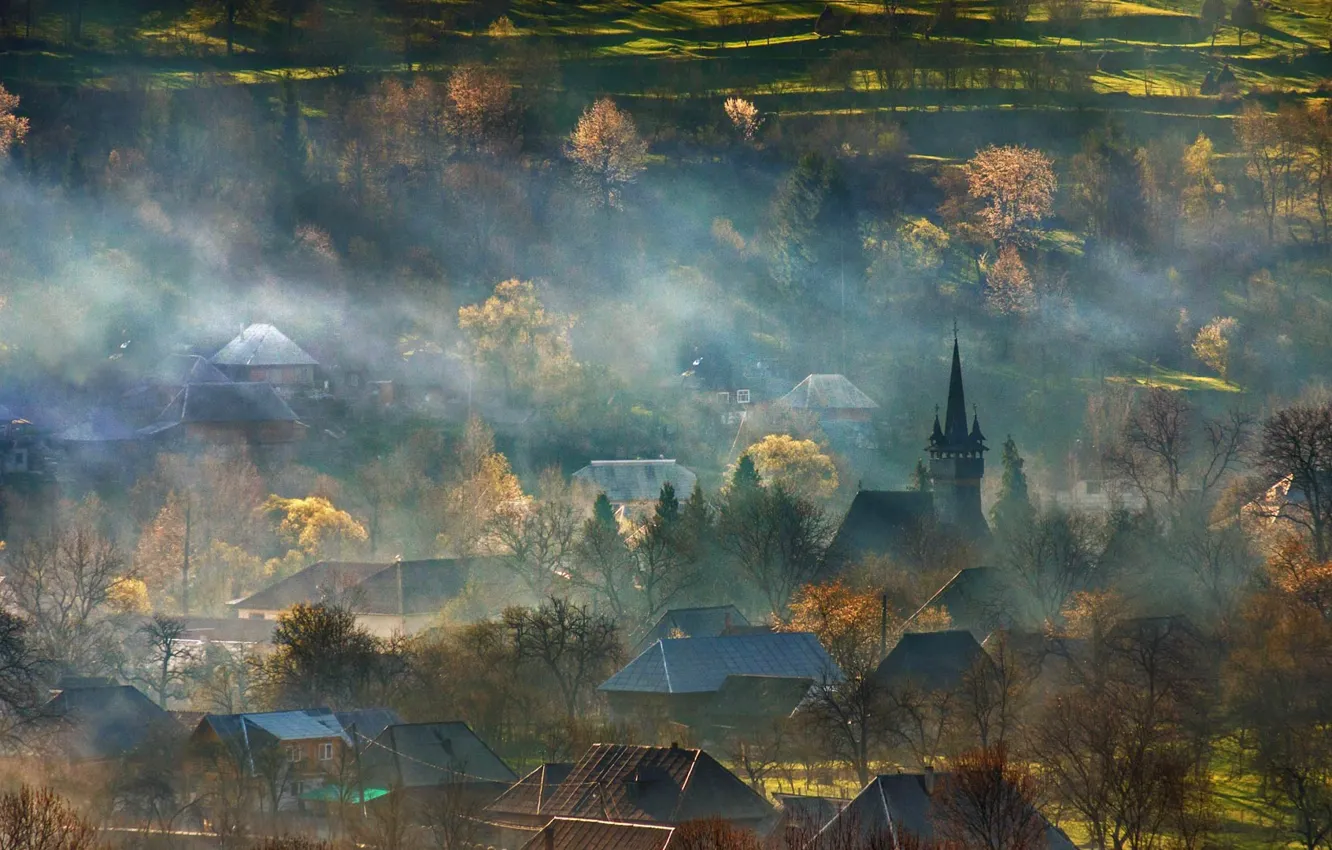 Photo wallpaper autumn, fog, Romania, Transylvania
