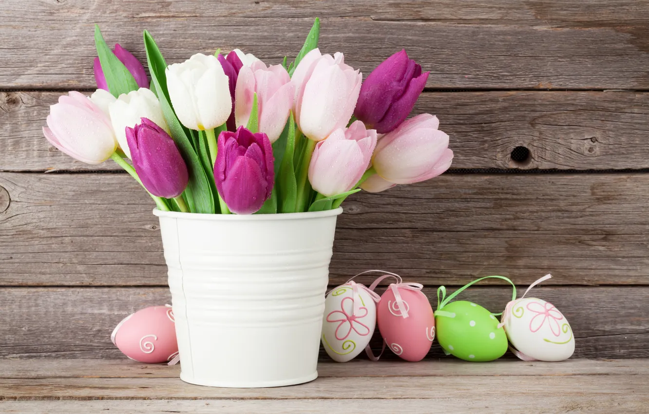 Photo wallpaper flowers, eggs, spring, colorful, Easter, wood, pink, flowers