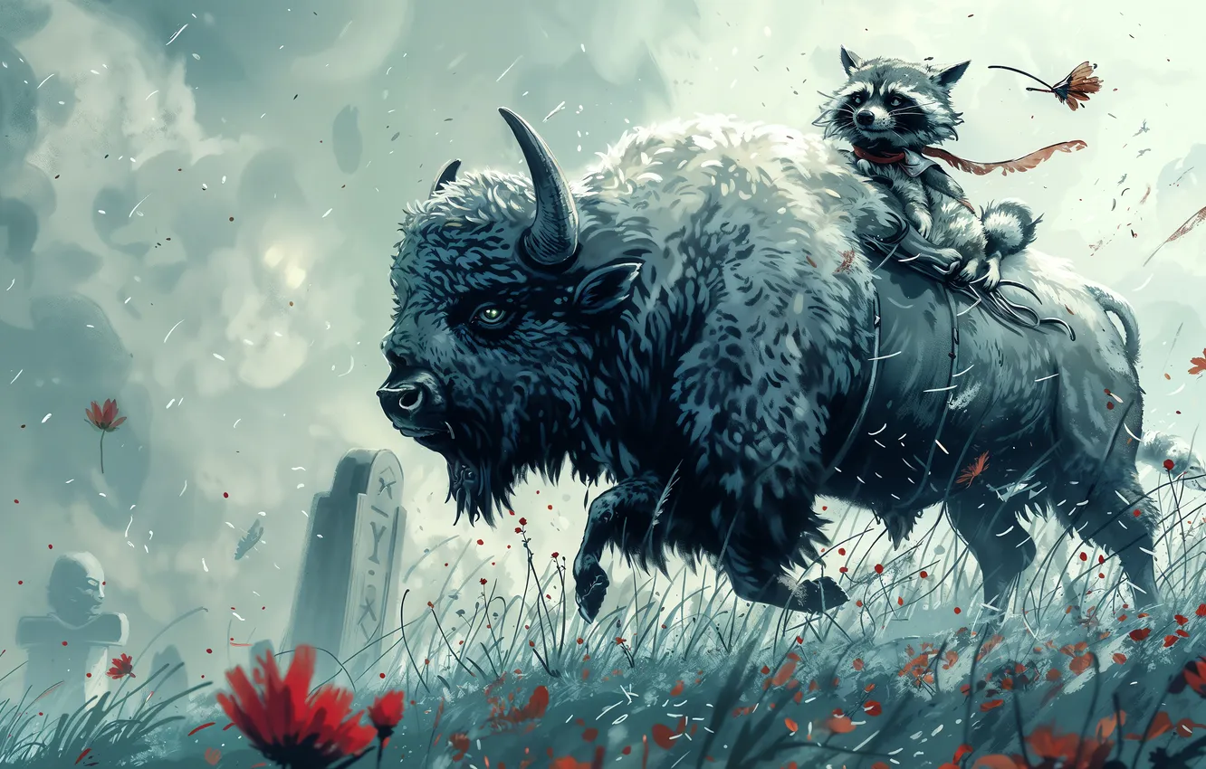 Photo wallpaper Grass, Raccoon, Buffalo, Winds of Whimsy
