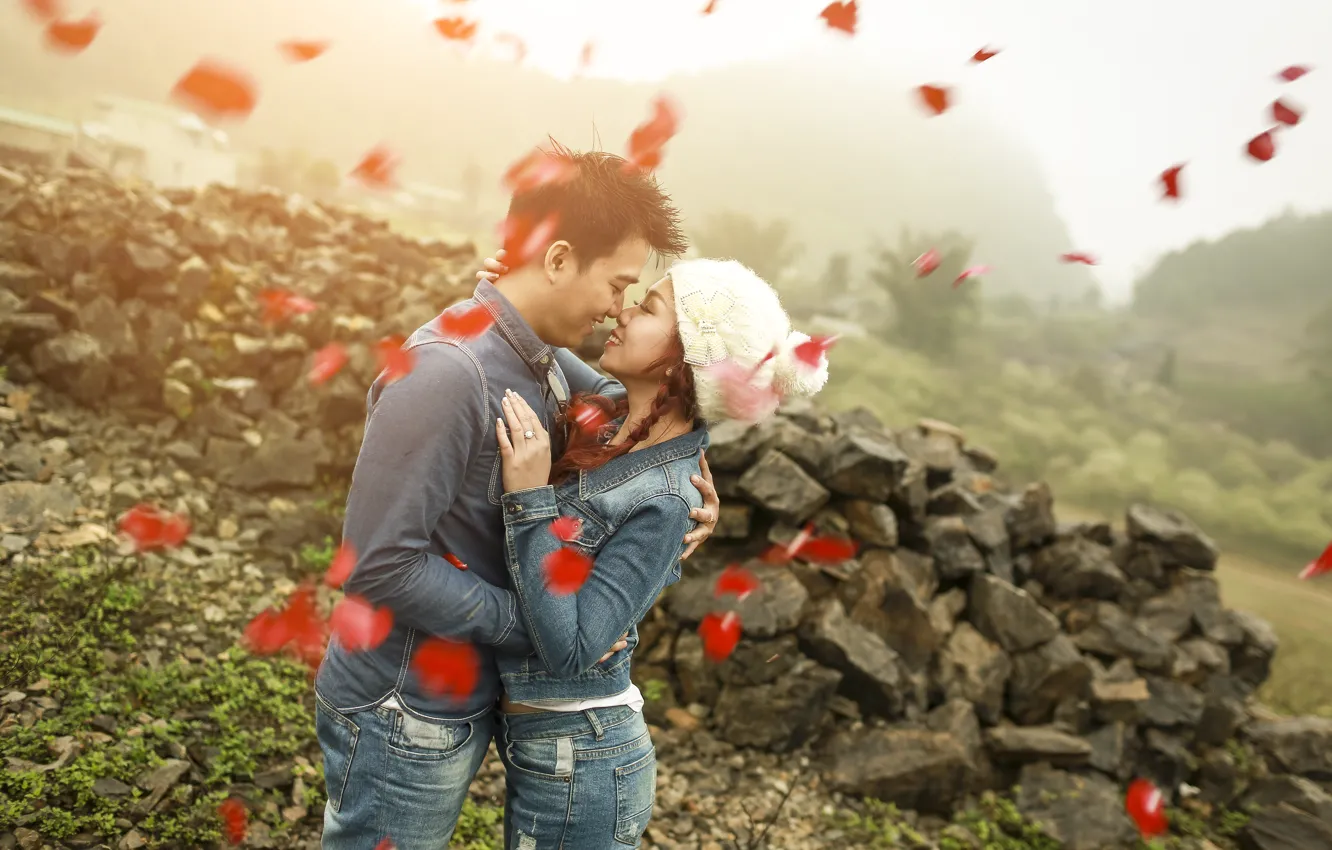 Photo wallpaper girl, love, woman, petals, male, guy, lovers, two