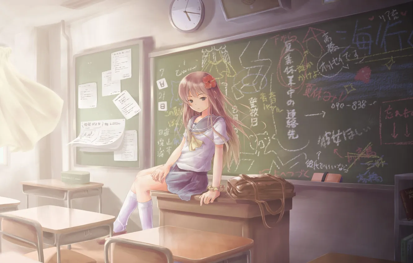 Photo wallpaper the wind, Board, watch, art, girl, class, bag, school