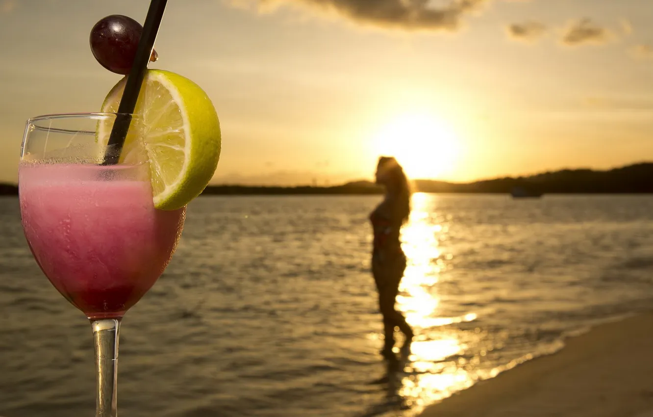 Photo wallpaper sea, girl, sunset, Drink