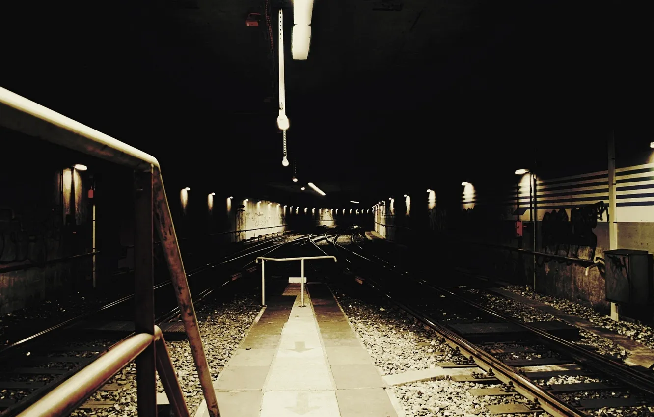 Photo wallpaper station, lights, railroad, abandoned